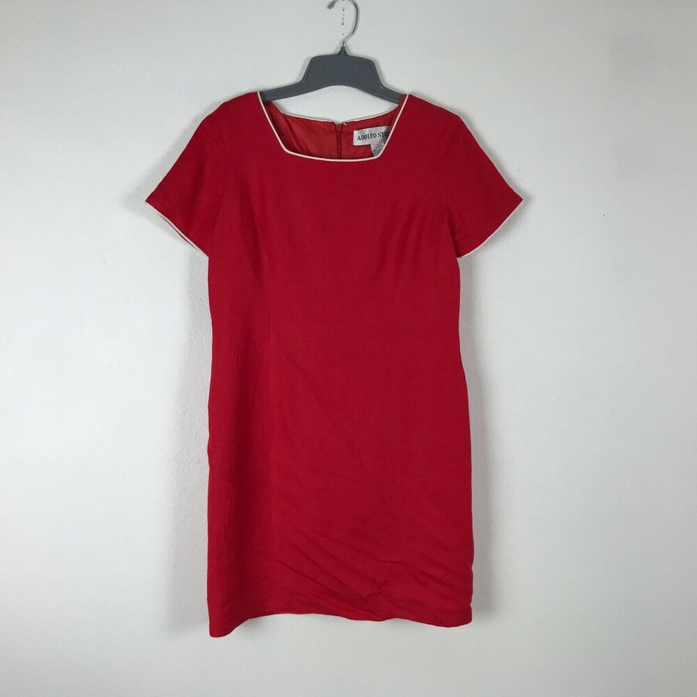 Vintage 1990s Adolfo Studio Dress Size 10P Red‎ Short Sleeve Sheath Linen Blend